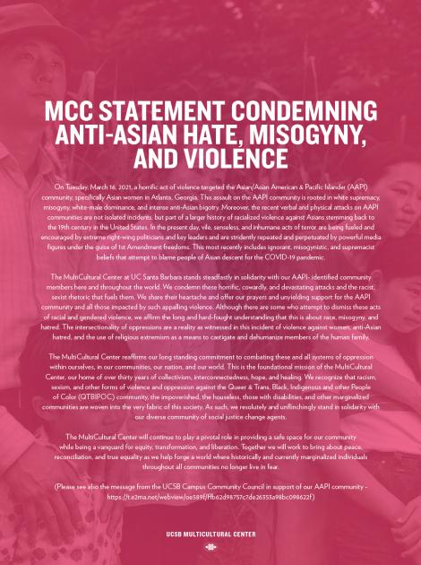 MCC STATEMENT CONDEMNING ANTI-ASIAN HATE, MISOGYNY, AND VIOLENCE | UCSB